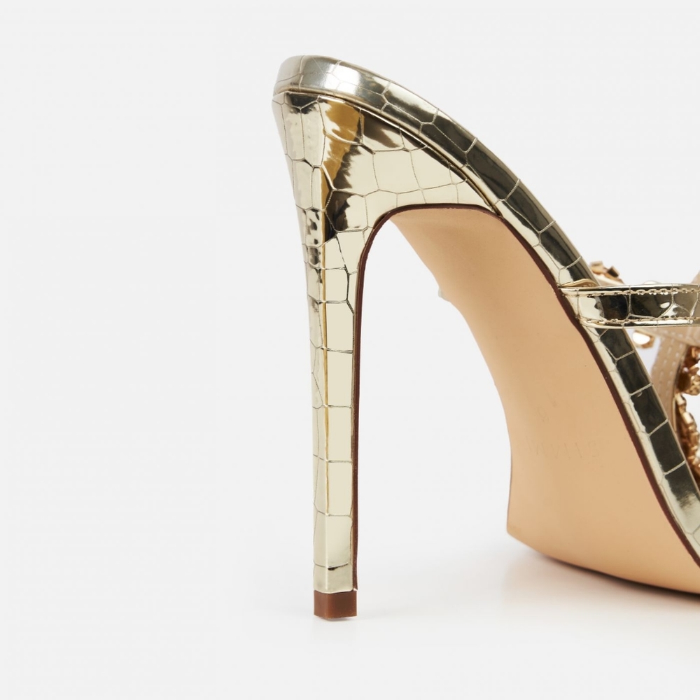 Gold Deluxe Croc Print Diamante Strap Heels - Picture 4 of 4